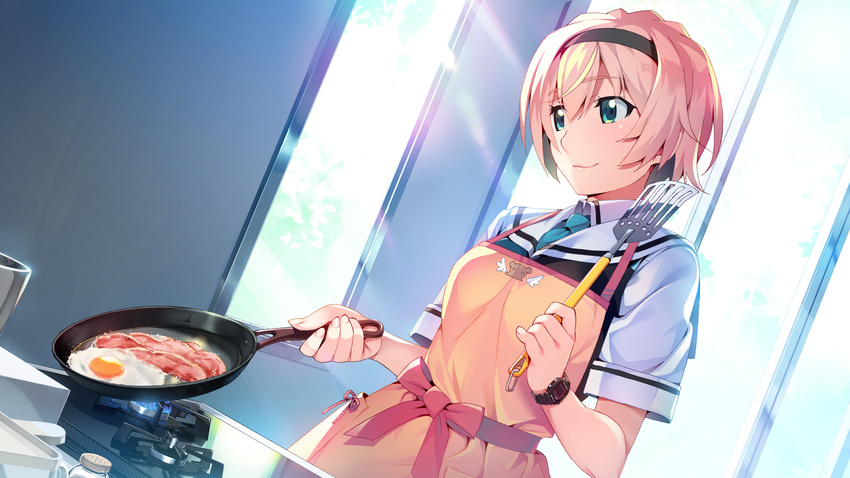 apron aqua_eyes blonde_hair bow food front_wing game_cg grisaia:_phantom_trigger headband kujirase_christina_sakurako seifuku short_hair tie