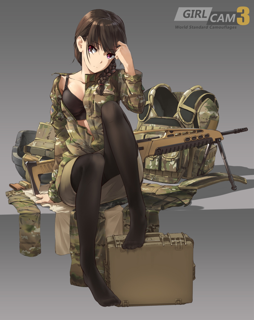 assault_rifle bipod black_bra bra braid brown_hair camouflage case commentary_request female girlcam_(tanto) gun h&k_xm8 helmet highres load_bearing_vest military military_uniform no_shoes open_clothes open_shirt pantyhose pencil_skirt photoshop_(medium) pink_eyes rifle shirt sitting skirt solo tanto_(tc1995) underwear uniform unworn_headwear unworn_helmet unworn_vest weapon