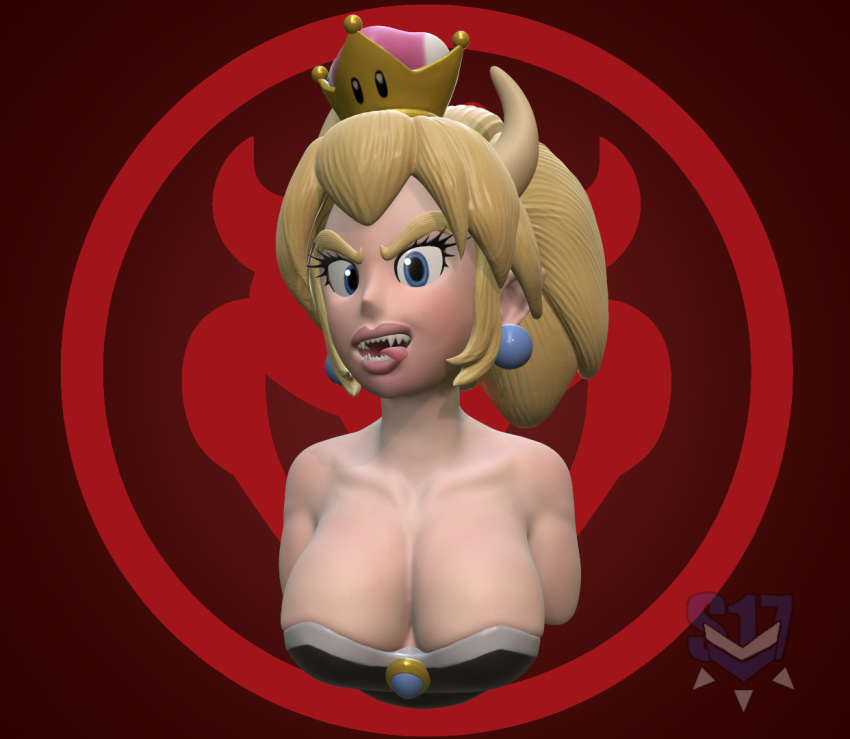 2018 3d_(artwork) alternate_species big_breasts blonde_hair blue_eyes bowser bowsette_meme breasts bust_portrait chromakoros clothing crown digital_media_(artwork) dress ear_piercing female hair headgear horn horned_humanoid humanoid humanoidized mario_bros meme nintendo not_furry piercing portrait red_background rule_63 simple_background solo super_crown tongue tongue_out