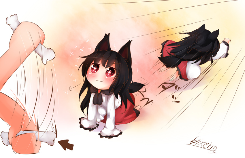 +_+ :3 animal_ears arrow_(symbol) bikuseno black_hair blouse bone commentary_request female fetch highres holding holding_bone imaizumi_kagerou long_hair red_eyes red_skirt shirt skirt tail tail_wagging touhou v-shaped_eyebrows very_long_hair white_shirt wolf_ears wolf_tail