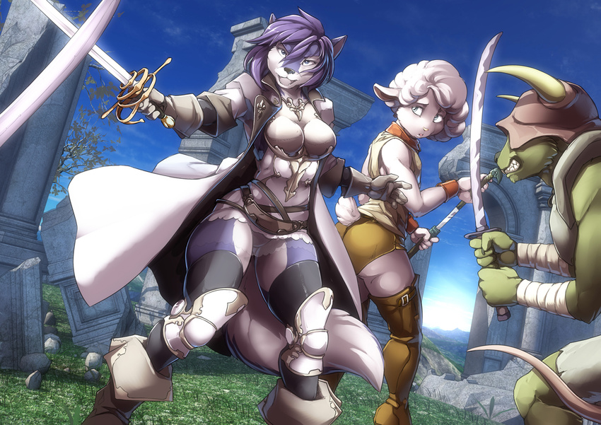 anthro ass bandage bovid butt_pose canid canine canis caprine clothed clothing detailed_background domestic_sheep female gloves grass group hair handwear holding_melee_weapon holding_object holding_sword holding_weapon horn jacket lucia_(grey_wolf_570) mammal melee_weapon open_mouth outside plant pose ruins sheep sky standing sword topwear twinkle-sez weapon wolf