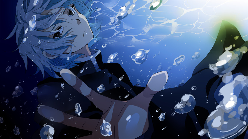 1boy blue_eyes commentary_request grey_hair highres hyoubu_kyousuke male_focus marirero_a solo the_unlimited:_hyoubu_kyousuke underwater zettai_karen_children