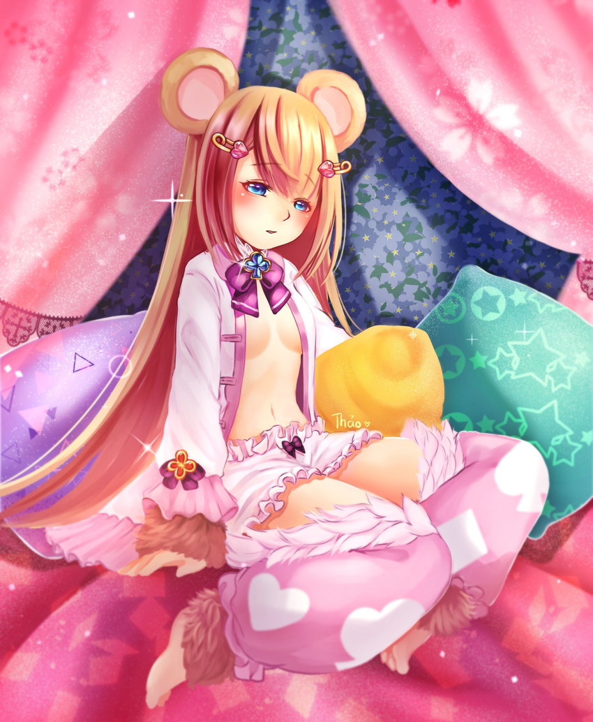 absurdres animal_ears barefoot bed blonde_hair bloomers blue_eyes bow bow_bloomers bowtie breasts brooch canopy_bed commentary_request dormouse_(monster_girl_encyclopedia) female hair_ornament hairclip heart heart_hair_ornament highres jewelry long_hair looking_at_viewer monster_girl monster_girl_encyclopedia mouse_ears navel on_bed open_pajamas pajamas pillow sitting small_breasts solo tomathao underwear