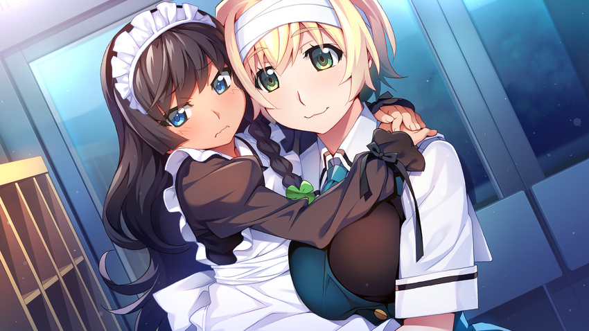 2girls apron aqua_eyes black_hair blonde_hair blush bow braids breasts front_wing game_cg grisaia:_phantom_trigger headband headdress kujirase_christina_sakurako long_hair maid seifuku sengoku_taiga short_hair tie watanabe_akio