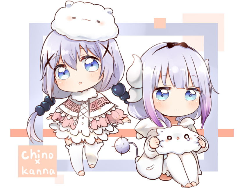 2girls alternate_costume alternate_hairstyle blue_eyes capelet character_name commentary_request cosplay costume_switch crossover dragon_girl dragon_horns flot gochuumon_wa_usagi_desu_ka? grey_hair hair_bobbles hair_ornament hairband horns kafuu_chino kanna_kamui kanna_kamui_(cosplay) kobayashi-san_chi_no_maidragon long_hair look-alike low_twintails multiple_girls sitting tail thighhighs tippy_(gochiusa) twintails white_legwear zettai_ryouiki