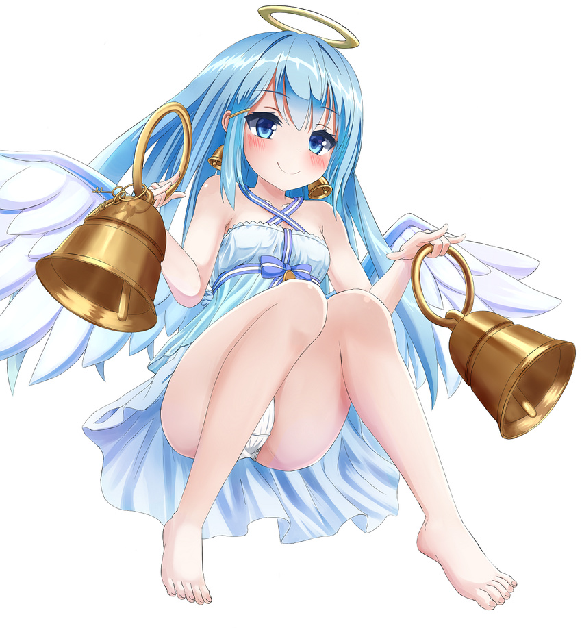 angel angel_wings bad_id bad_pixiv_id bare_shoulders barefoot bell bell_earrings bellringer_angel blue_eyes blue_hair blush dress earrings feet female full_body hair_ornament hairclip halo highres jewelry key keyring long_hair looking_at_viewer misogin panties pantyshot shadowverse smile solo underwear white_background white_dress white_wings wings