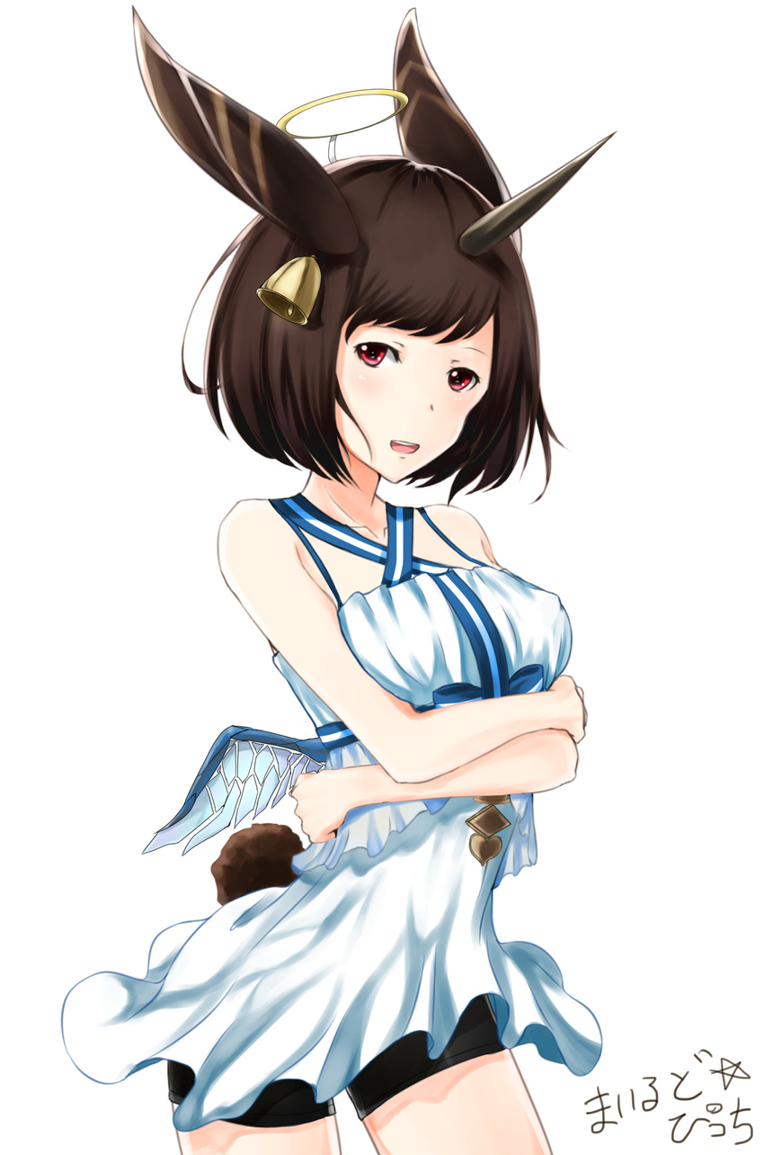 absurdres animal_ears bell bell_earrings bellringer_angel bellringer_angel_(cosplay) black_shorts breasts brown_eyes brown_hair commentary_request cosplay dress earrings fake_halo female halo highres horns jewelry looking_at_viewer medium_breasts mild_pitch moon_al-mi'raj open_mouth rabbit_ears rabbit_tail shadowverse shorts single_horn solo tail white_dress wings