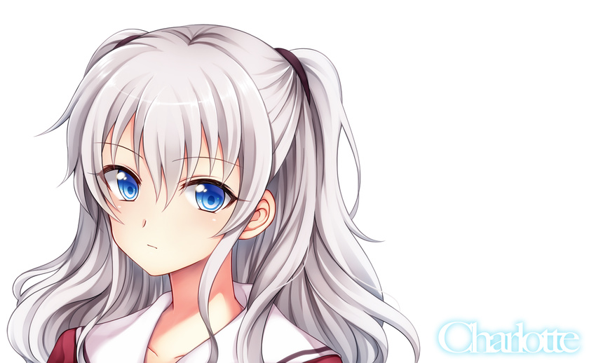 blue_eyes charlotte_(anime) collarbone commentary_request copyright_name female grey_hair highres koyoka long_hair looking_at_viewer school_uniform serafuku simple_background solo tomori_nao two_side_up white_background