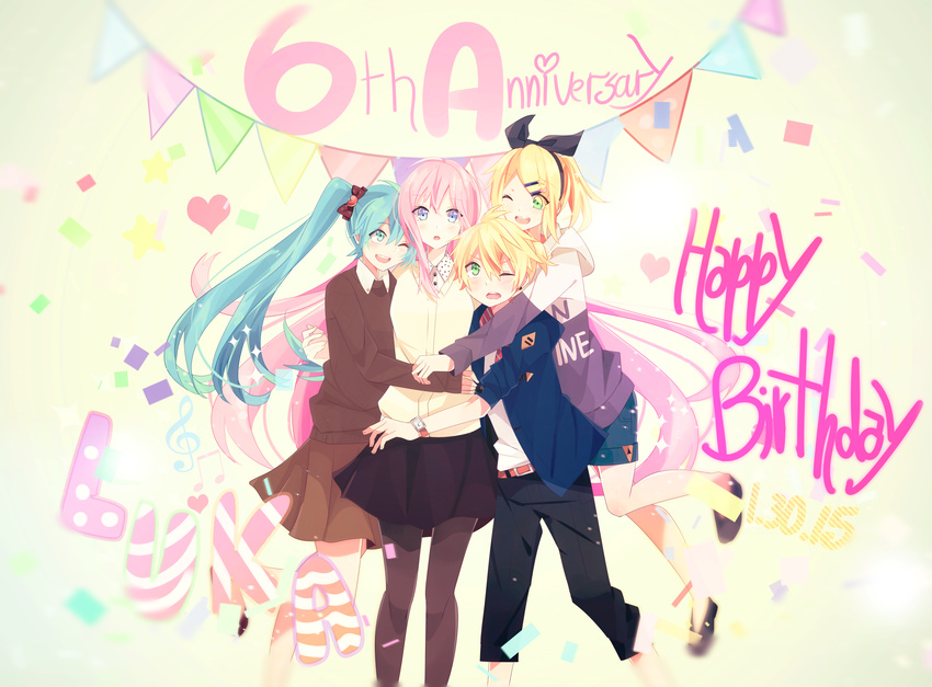 1boy 3girls absurdres aqua_hair belt blonde_hair blue_eyes character_name commentary_request dated green_eyes group_hug hair_ornament hair_ribbon hairclip happy_birthday hatsune_miku highres hug kagamine_len kagamine_rin long_hair megurine_luka multiple_girls one_eye_closed open_mouth pantyhose pink_hair ribbon side_ponytail skirt very_long_hair vocaloid watch yui_(22)