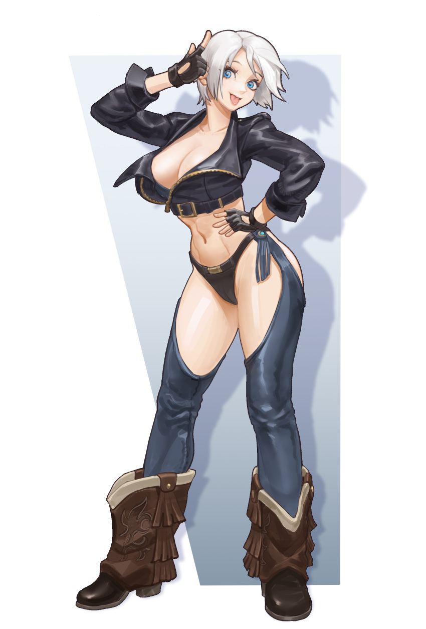 absurdres angel_(kof) backless_pants blue_eyes boots bra breasts chaps cleavage cowboy_boots crop_top cropped_jacket daoghost female fingerless_gloves full_body gloves hair_over_one_eye hand_on_own_stomach highres index_fingers_raised jacket large_breasts leather leather_jacket looking_at_viewer midriff navel panties pants short_hair smile snk solo strapless strapless_bra the_king_of_fighters the_king_of_fighters_xiv toned underwear white_hair