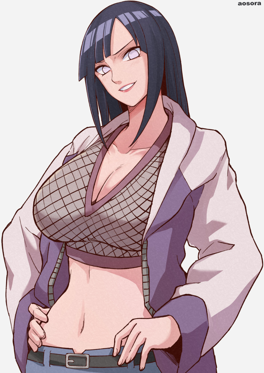 aosora2823 black_hair blue_pants breasts cleavage crop_top female fishnet_top fishnets highres hyuuga_hinata jacket large_breasts long_hair naruto:_road_to_ninja naruto_(series) naruto_shippuuden navel no_pupils pants purple_eyes purple_jacket simple_background solo white_background