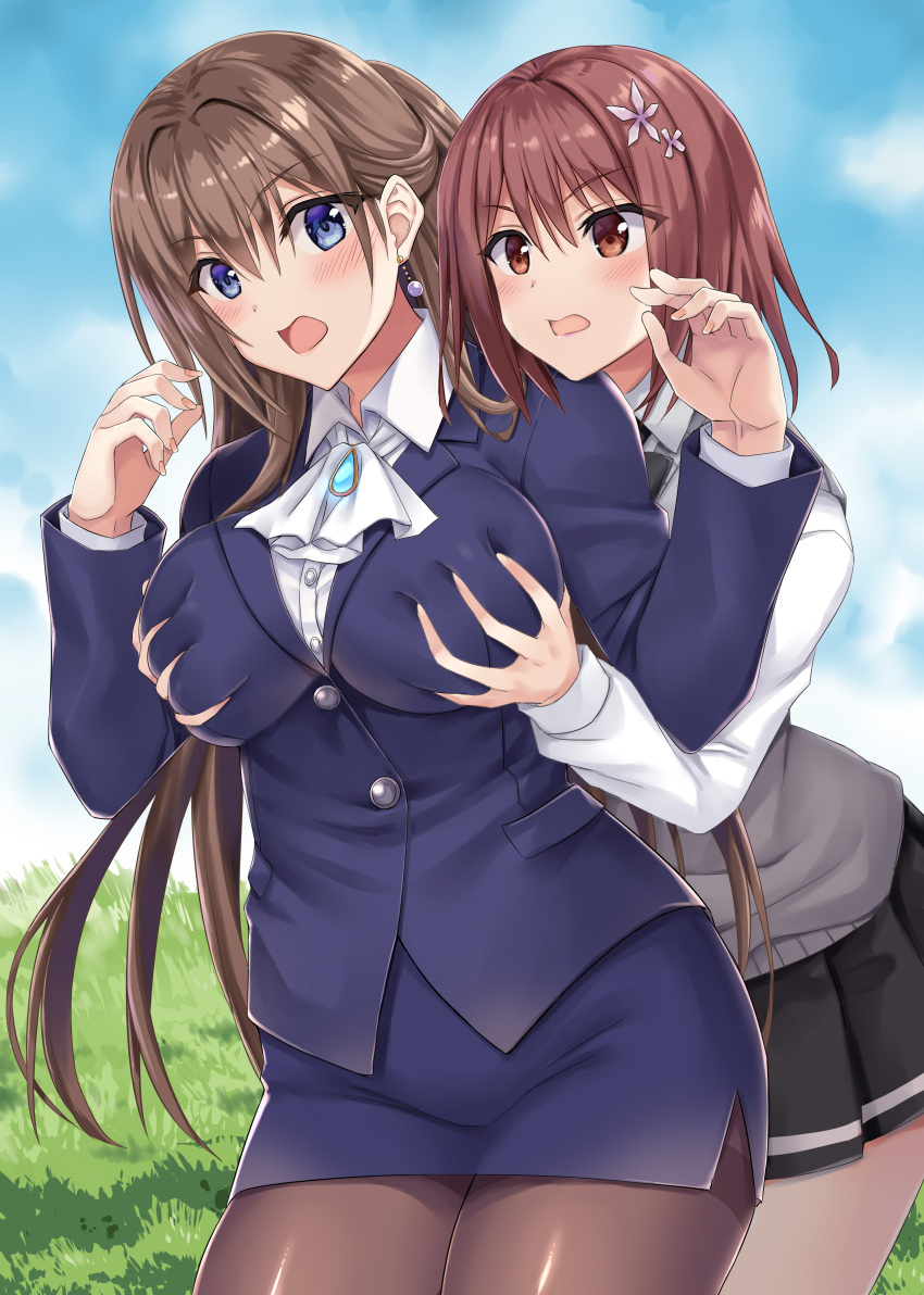 2girls absurdres amanashi_nui black_pantyhose black_skirt blue_eyes blue_jacket blue_skirt blush boku_no_kanojo_sensei breast_envy breasts brown_eyes brown_hair collared_shirt commission earrings flower fujiki_maka grabbing_another's_breast grabbing_from_behind grey_sweater_vest groping hair_between_eyes hair_flower hair_ornament highres jacket jewelry large_breasts long_hair long_sleeves minarai multiple_girls open_mouth pantyhose pixiv_commission school_uniform shirt short_hair skirt standing sweater_vest teacher v-shaped_eyebrows very_long_hair white_shirt