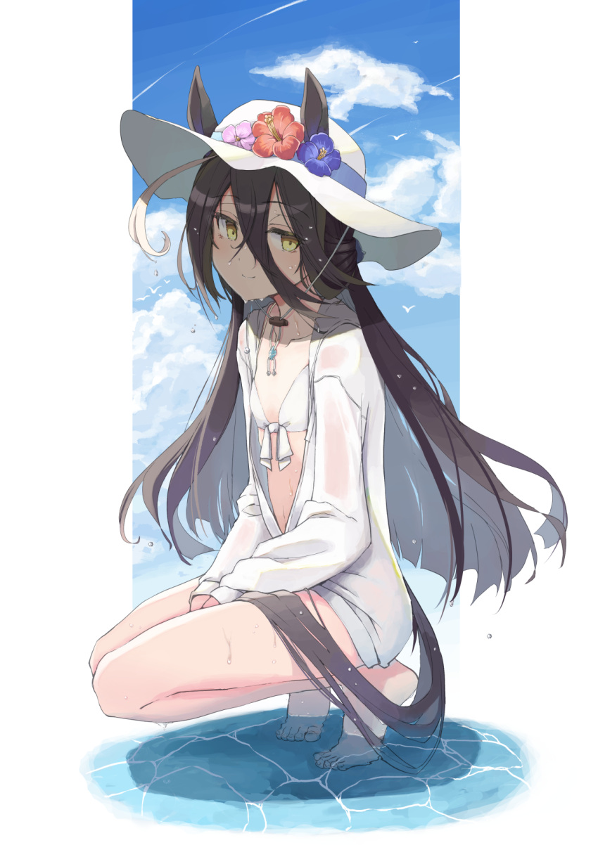 animal_ears bikini bikini_under_clothes black_hair blue_flower blue_sky breasts brown_eyes closed_mouth cloud collarbone commentary_request day ears_through_headwear female flower hair_between_eyes hat hat_flower highres hood hood_down hooded_jacket horse_ears horse_girl horse_tail jacket long_hair long_sleeves looking_at_viewer manhattan_cafe_(umamusume) mochiki navel pink_flower puffy_long_sleeves puffy_sleeves red_flower shallow_water sky small_breasts smile solo squatting sun_hat swimsuit tail tiptoes umamusume very_long_hair water white_bikini white_hat white_jacket