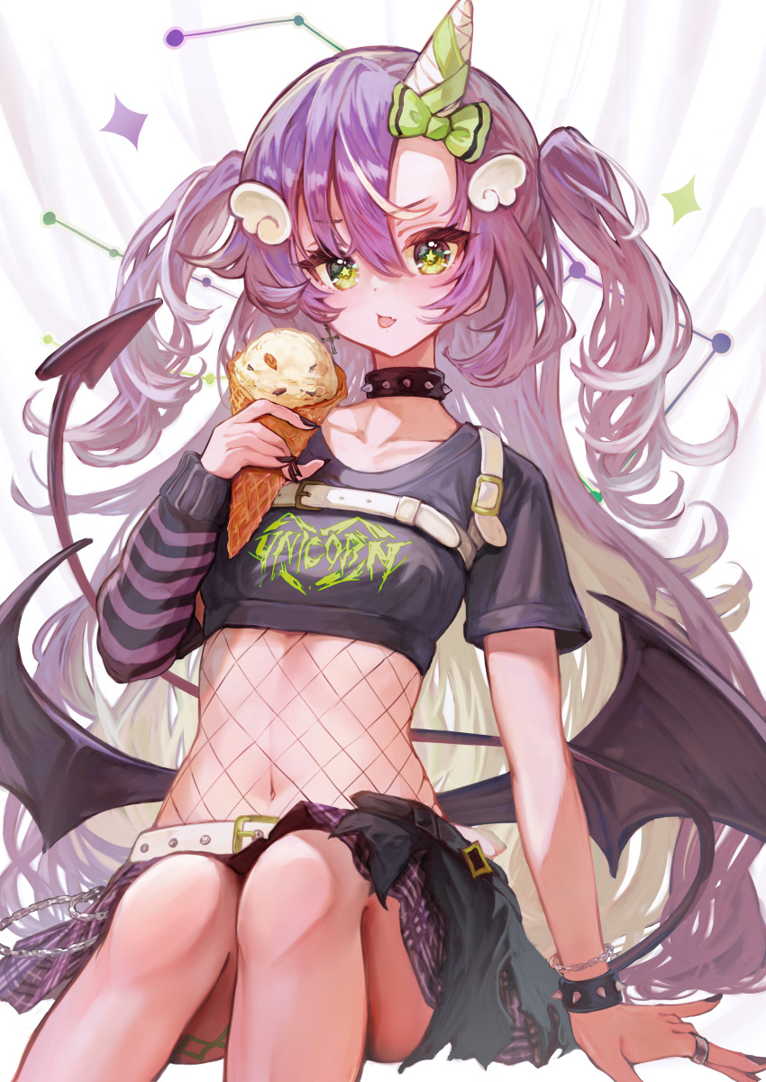 absurdres amanogawa_neru asymmetrical_sleeves belt black_bracelet black_collar black_nails black_shirt bow bracelet collar cowboy_shot crop_top cropped_shirt demon_tail demon_wings female fishnets food green_eyes hair_ornament highres holding holding_food holding_ice_cream horn_bow horn_ornament horns ice_cream ice_cream_cone jewelry long_hair looking_at_viewer low_wings nail_polish navel open_mouth purple_hair qc6 re-ply ring shirt single_horn sitting skirt solo spiked_collar spikes star-shaped_pupils star_(symbol) symbol-shaped_pupils tail two_side_up uneven_sleeves very_long_hair virtual_youtuber white_background white_belt wing_hair_ornament wings