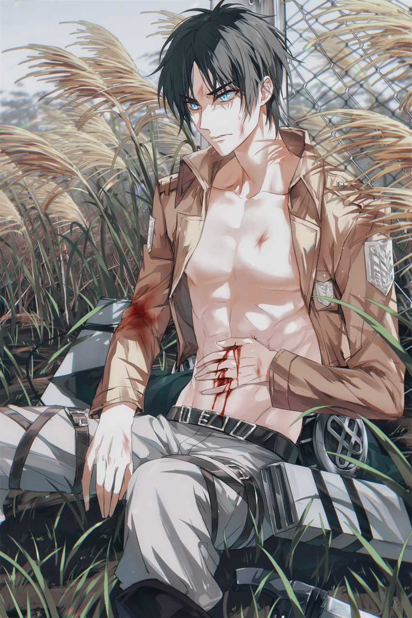 1boy abs absurdres alternate_eye_color belt black_hair blood blood_on_body blood_on_clothes blood_on_stomach blue_eyes chain-link_fence closed_mouth devil_heavens eren_yeager fence grass highres injury looking_at_viewer male_focus muscular muscular_male paradis_military_uniform pectorals shingeki_no_kyojin sitting solo three-dimensional_maneuver_gear