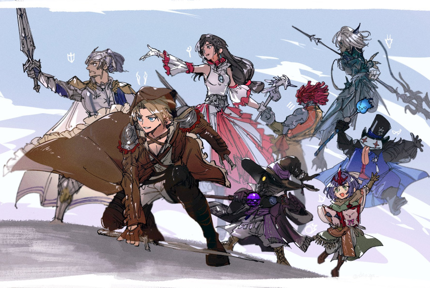 1other 3girls 4boys adelbert_steiner armor black_mage_(final_fantasy) blue_mage_(final_fantasy) book brown_coat coat commentary dragoon_(final_fantasy) dual_wielding eiko_carol fake_horns final_fantasy final_fantasy_ix final_fantasy_xiv freija_crescent garnet_til_alexandros_xvii hat highres holding holding_polearm holding_staff holding_sword holding_weapon hood hooded_coat horned_headwear horns in-franchise_crossover mage_staff monk_(final_fantasy) multiple_boys multiple_girls paladin_(final_fantasy) polearm quina_quen salamander_coral shio_ga spear staff summoner_(final_fantasy) sword tongue tongue_out top_hat viper_(final_fantasy) vivi_ornitier weapon white_mage_(final_fantasy) zidane_tribal