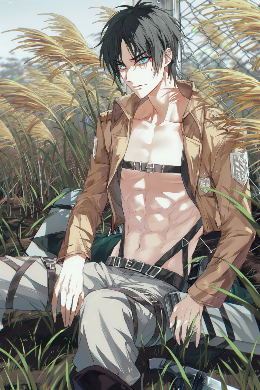 1boy abs absurdres alternate_eye_color belt black_hair blue_eyes chain-link_fence closed_mouth devil_heavens eren_yeager fence grass highres looking_at_viewer male_focus muscular muscular_male paradis_military_uniform pectorals shingeki_no_kyojin sitting solo three-dimensional_maneuver_gear