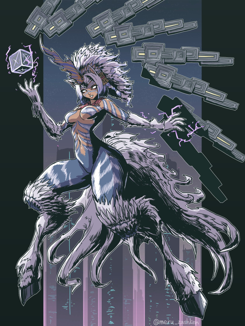 animal_ears braid breasts dark-skinned_female dark_skin electricity eutrope_(ff14) female final_fantasy final_fantasy_xiv full_body glowing glowing_eyes grey_hair highres hooves horns horse_ears horse_girl horse_tail meru77464787 multicolored_hair single_horn solo striped_fur tail white_hair wicked_thunder_(ff14)