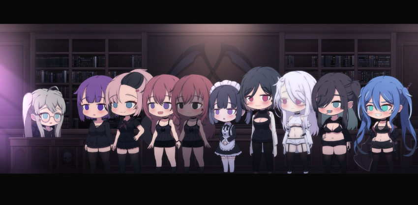 6+girls :d :| ahoge apron aqua_eyes aren't_grim_reapers_supposed_to_be_scary arms_at_sides asymmetrical_bangs bare_legs bare_shoulders belt belt_collar black_belt black_bow black_bowtie black_bra black_choker black_collar black_dress black_hair black_hoodie black_sailor_collar black_serafuku black_shirt black_shorts black_skirt black_socks black_sweater black_thighhighs black_wristband blue_eyes blue_hair book bookshelf bow bowtie bra breasts brown_hair buttons candy center-flap_bangs chibi chibi_only choker closed_mouth clothing_cutout coat coat_on_shoulders collar collared_dress colored_eyelashes colored_inner_hair cropped_shirt cross_tattoo crossed_bangs dark-skinned_female dark_skin deca_(kamuo) desk diamond_(shape) drawstring dress ear_piercing everyone eyeshadow facial_tattoo fangs flower_tattoo food frilled_apron frilled_dress frills fur-trimmed_coat fur_trim garter_straps green_eyes green_hair grey_hair grin hair_between_eyes hair_over_one_eye hand_on_own_hip hands_on_own_hips hands_on_stomach heart_cutout highres holding_hands hood hood_down hoodie huge_weapon indoors intoh_(kamuo) kamuo kneehighs lab_coat lafi_(kamuo) large_breasts letterboxed light_blush light_rays lollipop long_hair looking_ahead maid maid_apron maid_headdress makeup medium_breasts miniskirt multicolored_hair multiple_girls mykka_(kamuo) mysha_(kamuo) navel neckerchief neu_(kamuo) no_pants no_pupils off_shoulder on_chair open_mouth own_hands_together pale_skin pari_(kamuo) piercing pink_eyes pink_eyeshadow pink_hair pleated_skirt purple_eyes purple_eyeshadow purple_hair purple_neckerchief rafi_(kamuo) raised_eyebrows red_eyes red_hair sailor_collar school_uniform scythe serafuku shirt short_hair short_shorts shorts shrug_(clothing) siblings sidelocks sitting skirt sleeveless sleeveless_shirt smile socks sunbeam sunlight susui_(kamuo) sweater sword sword_on_back tattoo teeth thighhighs torn_clothes torn_hoodie triangle_mouth turtleneck turtleneck_sweater twins twintails two-sided_coat two-sided_fabric two-tone_hair underboob underbust underwear v-shaped_eyebrows vel_(kamuo) very_long_hair weapon weapon_on_back white_apron white_coat white_hair white_shorts white_thighhighs wooden_door wooden_wall