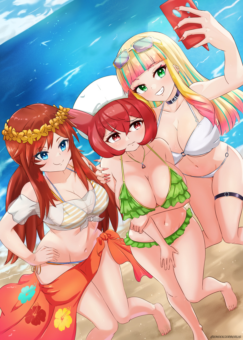 3girls absurdres belt belt_collar bianca_(pokemon_heroes) bikini black_belt blonde_hair blue_eyes breasts brown_hair cellphone closed_mouth collar day embarrassed emixxart english_commentary flower_wreath frown green_bikini green_eyes green_hair groin hair_between_eyes head_wreath highres holding holding_phone jewelry large_breasts leaning_forward long_hair medium_breasts medium_hair melody_(pokemon) multicolored_hair multiple_girls necklace outdoors phone pink_hair pokemon pokemon_(anime) red_eyes red_hair risa_(pokemon) rotom rotom_phone selfie sidelocks smartphone smile standing streaked_hair swimsuit teeth white_bikini