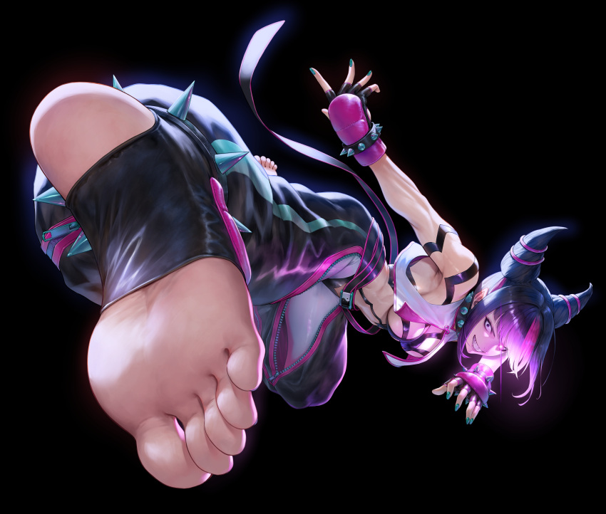 absurdres baggy_pants bare_shoulders barefoot black_background bracelet breasts drill_hair evil_smile feet female glowing glowing_eye highres incoming_attack jewelry juri_han kicking looking_at_viewer mugetsu2501 multicolored_hair pants sideboob simple_background smile solo spiked_bracelet spikes streaked_hair street_fighter street_fighter_6 toned_female twin_drills zipper_pull_tab