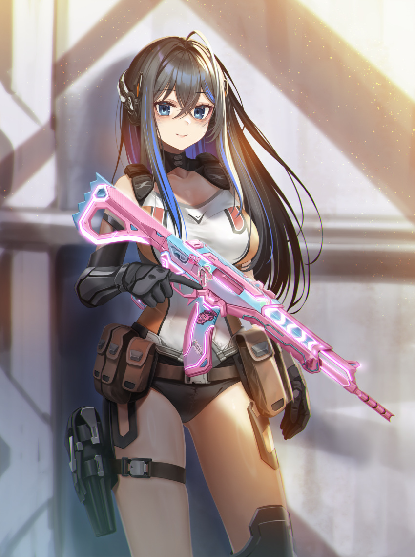 absurdres assault_rifle black_hair blue_eyes blue_hair character_request commission copyright_request cowboy_shot english_commentary enpera_(jdud8375) female gun headphones highres holding holding_gun holding_weapon holster long_hair multicolored_hair rifle skindentation smile solo thigh_holster trigger_discipline very_long_hair weapon