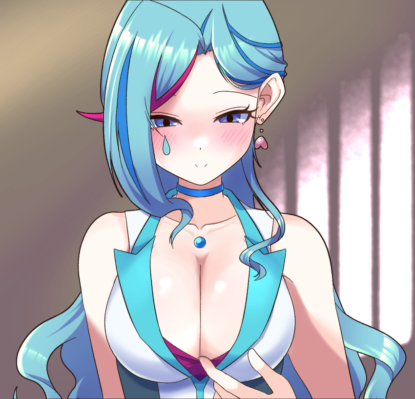 1girls blue_angel blue_eyes blue_maiden blush breasts clothing cyan_hair heart hi_res jutaro_oooo looking_at_breasts looking_at_self looking_down solo yu-gi-oh! yu-gi-oh!_vrains zaizen_aoi