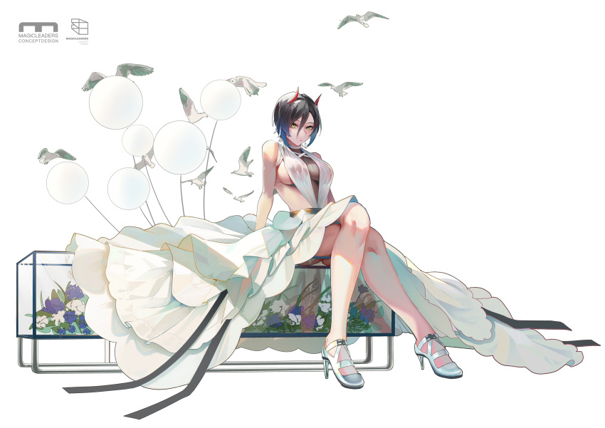 absurdres alternate_costume arm_support azur_lane black_hair breasts crossed_legs dress female full_body high_heels highres horns red_horns see-through see-through_dress sideboob simple_background sitting slingshot_dress solo ulrich_von_hutten_(azur_lane) wedding_dress weixiaoren white_background white_dress yellow_eyes