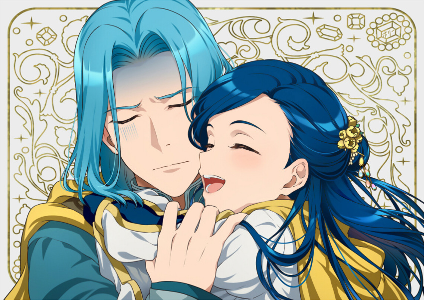 1boy :d aqua_shirt arm_grab arms_around_neck blue_hair closed_eyes closed_mouth female ferdinand_(honzuki_no_gekokujou) floating_hair flower framed grey_background hair_flower hair_ornament honzuki_no_gekokujou hug kaze-hime long_hair long_sleeves myne_(honzuki_no_gekokujou) portrait shirt smile white_shirt yellow_flower