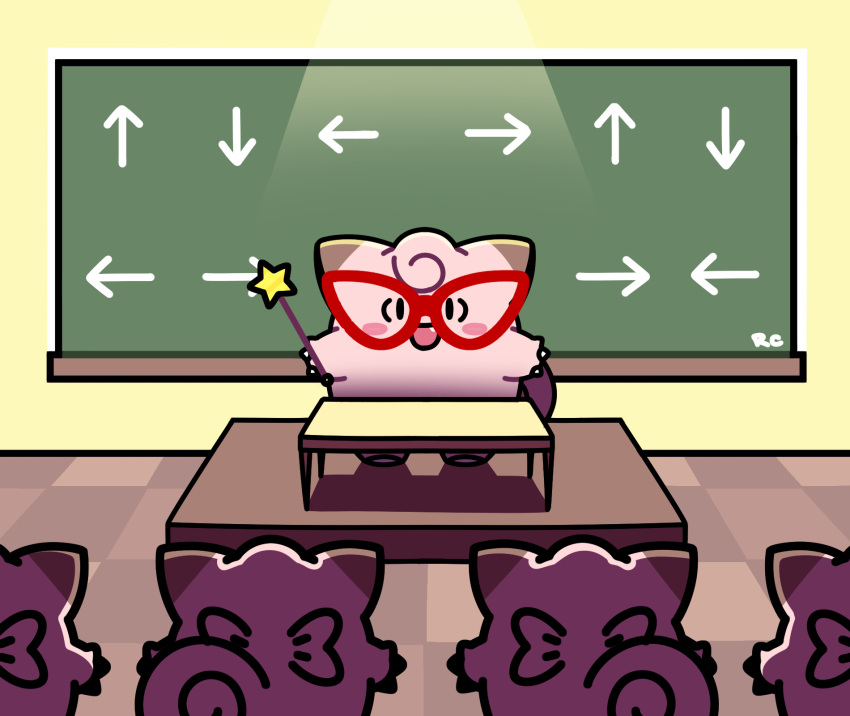 :d arrow_(symbol) artsy-rc black_eyes blush_stickers cat_eye-framed_eyewear chalkboard classroom claws clefairy commentary desk english_commentary glasses highres holding holding_wand indoors looking_at_viewer no_humans oerba_yun_fang open_mouth oversized_eyewear pokemon pokemon_(creature) pokemon_stadium red-framed_eyewear scene_reference signature smile solid_oval_eyes spotlight standing tile_floor tiles wand