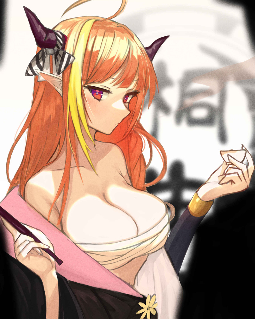 ahoge alternate_costume bandages bare_shoulders black_kimono blonde_hair blunt_bangs blurry blurry_background bow breasts bright_pupils choko_(cup) cleavage closed_mouth collarbone commentary cup diagonal-striped_bow diagonal_stripes dragon_girl dragon_horns emblem english_commentary expressionless eyebrows_hidden_by_hair female furai_sen hands_up highres holding holding_cup holding_smoking_pipe hololive horn_bow horn_ornament horns japanese_clothes kimono kiryu_coco kiseru large_breasts light_blush long_hair long_sleeves looking_at_viewer multicolored_eyes multicolored_hair off_shoulder orange_hair pointy_ears purple_eyes red_eyes sarashi sidelocks smoking_pipe solo standing streaked_hair striped striped_bow upper_body virtual_youtuber white_pupils yukata