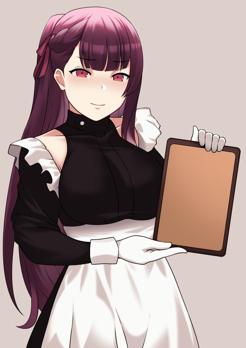 absurdres apron bare_shoulders bbk_(13zk) black_dress black_sleeves breasts collarbone detached_sleeves dress female girls'_frontline gloves grey_background hair_ribbon half_updo highres large_breasts long_hair one_side_up purple_hair red_eyes red_ribbon ribbon simple_background solo template upper_body wa2000_(girls'_frontline) waist_apron waitress white_apron white_gloves wrist_cuffs