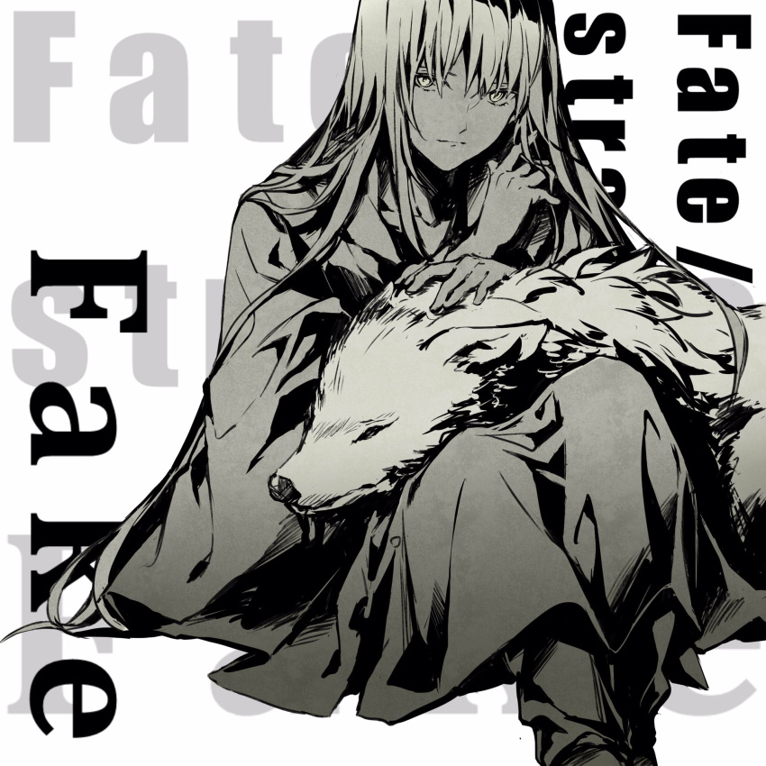 1other androgynous copyright_name enkidu_(fate) fate/strange_fake fate_(series) headpat high_contrast highres long_hair monochrome protected_link redoxhn sitting very_long_hair wolf wolf_(fate)