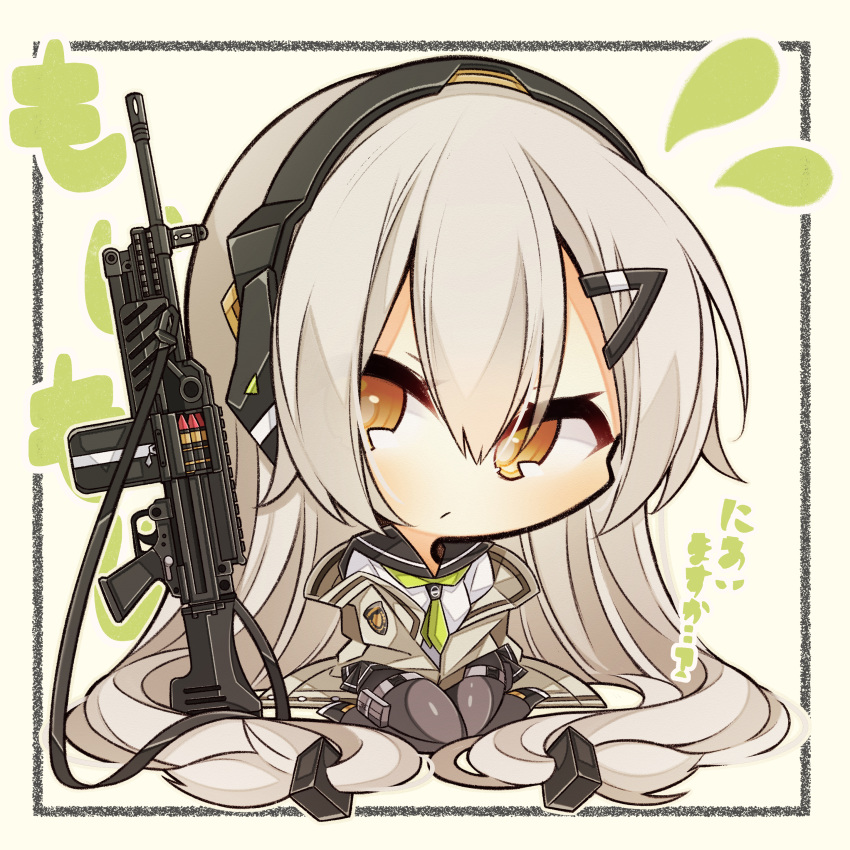 7:08 absurdres alternate_costume black_footwear black_skirt chibi closed_mouth commentary_request female full_body girls'_frontline green_neckwear gun h&k_mg4 hair_between_eyes hair_ornament hairclip highres jacket long_hair long_sleeves looking_at_viewer machine_gun mg4_(girls'_frontline) mg4_(survival_club)_(girls'_frontline) official_alternate_costume orange_eyes pantyhose school_uniform seiza serafuku sitting skirt solo translation_request very_long_hair weapon white_hair