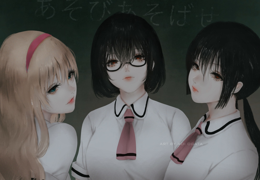 aoi_ogata asobi_asobase black_hair blonde_hair blue_eyes brown_eyes glasses headband honda_hanako long_hair oka_(asobi_asobase) olivia_(asobi_asobase) ponytail school_uniform short_hair watermark