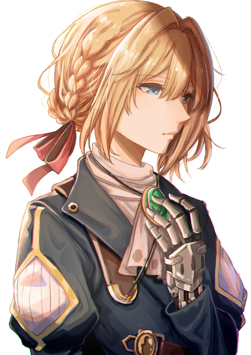 absurdres blonde_hair blue_eyes blue_jacket bolo_tie braid braided_bun closed_mouth commentary crown_braid expressionless female frown gem green_gemstone hair_between_eyes hair_bun hair_ribbon half-closed_eyes hand_on_own_chest hand_up highres ibuki_(ibuki0118) jacket jewelry juliet_sleeves lapels long_sleeves looking_ahead looking_down mechanical_hands necklace notched_lapels prosthesis prosthetic_hand puffy_sleeves red_ribbon ribbon shirt short_hair simple_background single_hair_bun single_mechanical_hand solo upper_body violet_evergarden violet_evergarden_(series) white_background white_shirt