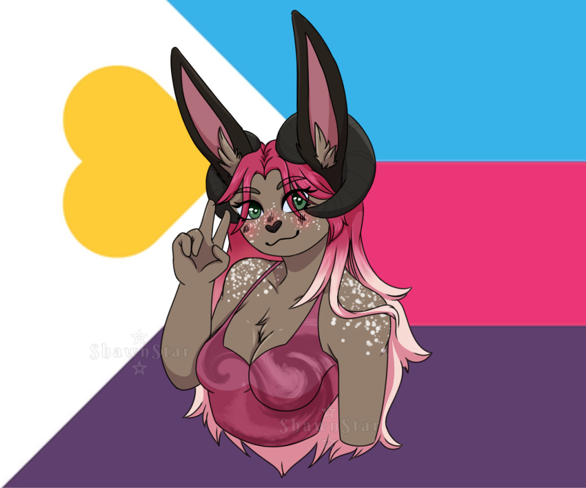 2022_polyamory_pride_colors 2023 6:5 anthro big_ears black_horn breasts brown_body brown_fur cel_shading chest_tuft cleavage clothed clothing curved_horn digital_drawing_(artwork) digital_media_(artwork) eyebrow_through_hair eyebrows eyelashes female freckles fur green_eyes hair hi_res horn humanoid_hands hybrid lagomorph leporid lgbt_pride long_hair mammal mistystar pink_hair polyamorous polyamory_pride_colors pride_color_background pride_colors rabbit shaded shirt simple_background solo subculture_pride_colors tank_top topwear translucent translucent_hair tuft white_freckles