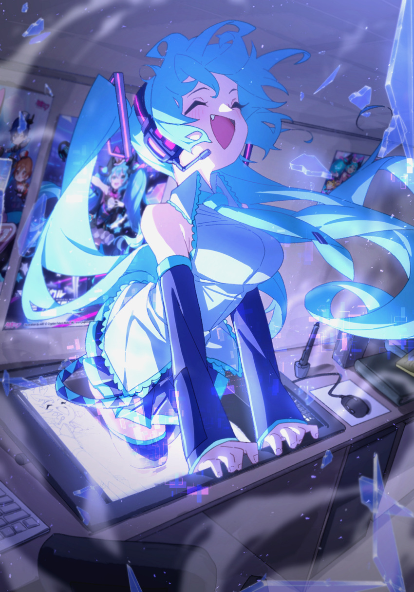 ^_^ aqua_hair aqua_necktie black_skirt black_sleeves black_thighhighs blurry blurry_background blush book breaking breasts closed_eyes collared_shirt commentary computer_mouse desk detached_sleeves digital_dissolve drawing_tablet female fourth_wall glass_shards grey_shirt hair_ornament hatsune_miku headphones headset highres indoors kaito_(vocaloid) long_hair magical_mirai_(vocaloid) magical_mirai_kaito_(2019) magical_mirai_meiko_(2019) magical_mirai_miku magical_mirai_miku_(2019) medium_breasts meiko_(vocaloid) miniskirt necktie oerba_yun_fang open_mouth pleated_skirt poster_(object) shirt skirt sleeveless sleeveless_shirt smile solo stylus takoongyi thighhighs through_medium through_screen twintails very_long_hair vocaloid