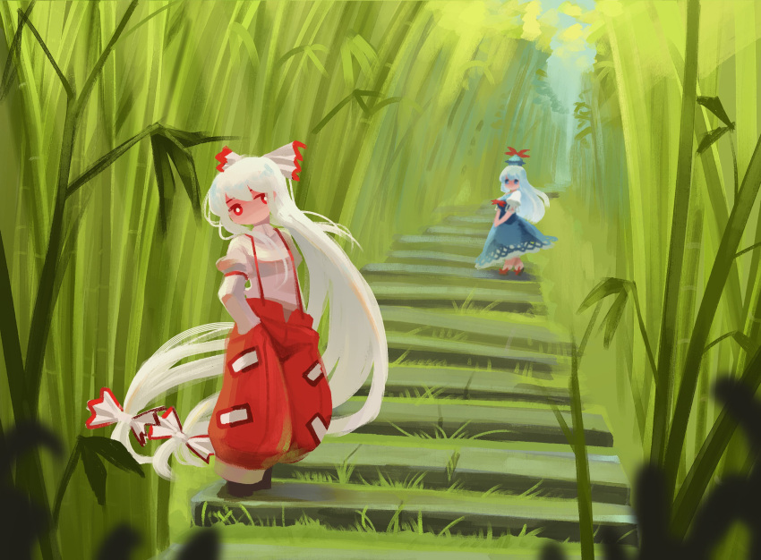 2girls absurdly_long_hair bamboo bamboo_forest black_footwear blue_dress blue_eyes blue_hair blue_headwear bow bright_pupils commentary dress eyebrows_hidden_by_hair footwear_bow forest fujiwara_no_mokou grass hair_between_eyes hairbow hands_in_pockets hands_on_lap hat hat_ribbon highres kamishirasawa_keine light_blue_hair long_hair looking_at_another looking_back multiple_girls nature no_mouth ofuda ofuda_on_clothes outdoors pants puffy_short_sleeves puffy_sleeves red_bow red_eyes red_pants red_ribbon ribbon shirt short_sleeves stairs standing suspenders sweet_reverie tokin_hat touhou very_long_hair white_bow white_hair white_pupils white_shirt