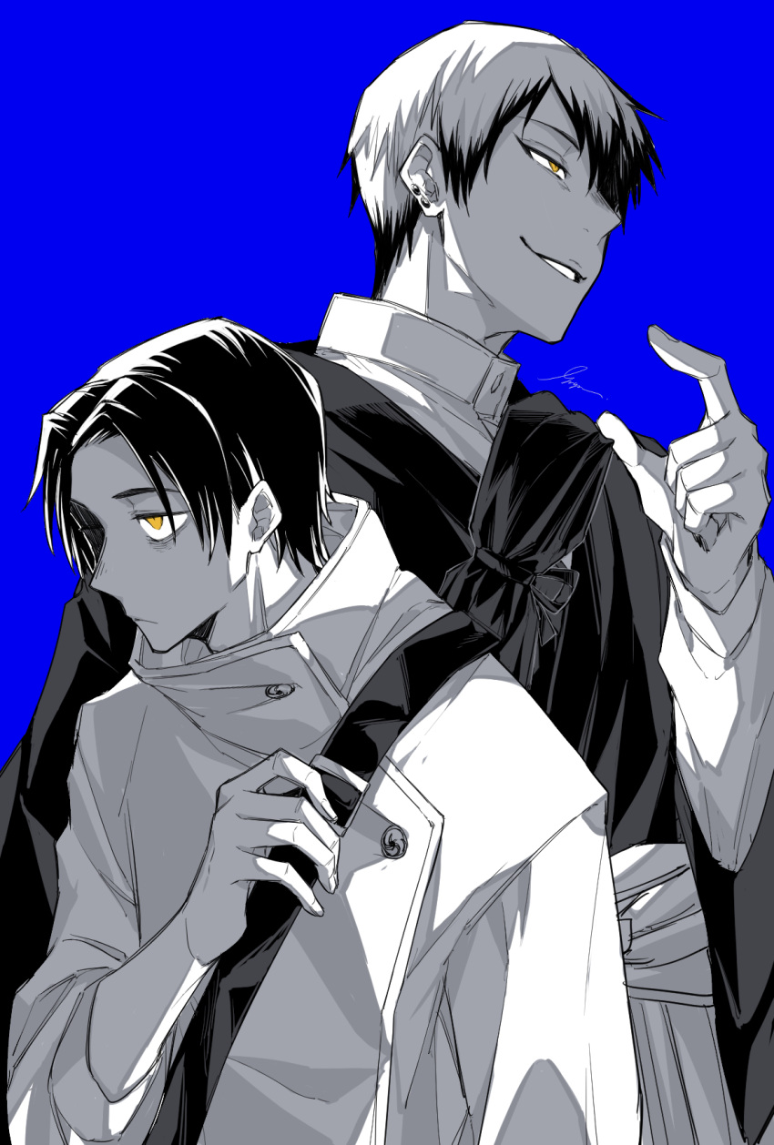 2boys blue_background closed_mouth cowboy_shot ear_piercing greyscale_with_colored_background gusha_(orenji_hnkn) hand_up high_collar highres jacket japanese_clothes jujutsu_kaisen kimono long_sleeves looking_away male_focus monochrome multicolored_hair multiple_boys okkotsu_yuuta parted_lips piercing school_uniform shirt short_hair simple_background spot_color standing tsurime two-tone_hair upper_body weapon_bag yellow_eyes zen'in_naoya