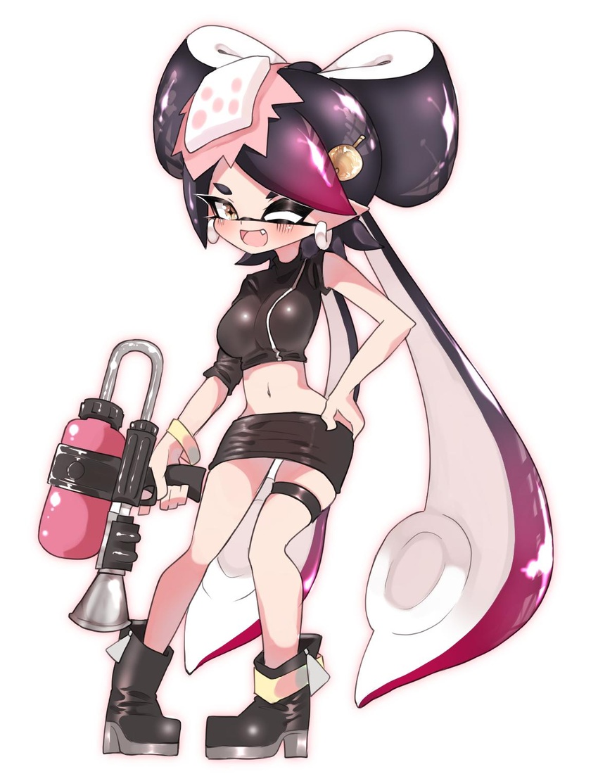 +_+ ;d agent_8_(splatoon) agent_8_(splatoon)_(cosplay) ankle_boots anklet asymmetrical_sleeves bad_id bad_twitter_id black_footwear black_hair black_jacket boots bracelet brown_eyes callie_(splatoon) commentary cosplay crop_top earrings female food food_on_head full_body gradient_hair hair_ornament hand_on_own_hip highres holding holding_weapon inkling jacket jewelry long_hair looking_at_viewer microskirt midriff multicolored_hair navel object_on_head octoshot_(splatoon) oerba_yun_fang one_eye_closed open_mouth purple_hair simple_background skindentation skirt smile solo splatoon_(series) splatoon_2 splatoon_2:_octo_expansion splattershot_(splatoon) standing sukeo_(nunswa08) sushi tentacle_hair thigh_strap uneven_sleeves very_long_hair weapon white_background zipper zipper_pull_tab