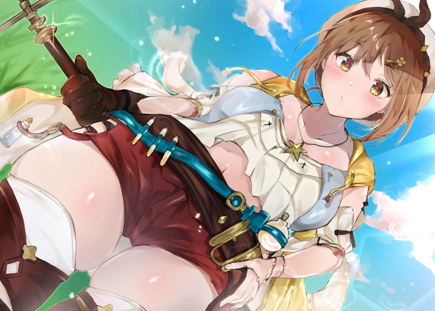 atelier_(series) atelier_ryza atelier_ryza_1 belt beret blue_belt blue_sky blush bracelet brown_belt brown_eyes brown_gloves brown_hair cloud cloudy_sky commentary day dutch_angle feathers female flask gloves hair_ornament hairclip hand_on_own_hip hat highres holding holding_staff jacket jewelry leather leather_belt leather_gloves light_particles looking_at_viewer micro_shorts midriff navel necklace outdoors parted_lips pouch red_shorts reisalin_stout shirt short_hair short_sleeves shorts single_glove sky sleeveless sleeveless_jacket solo sparkle staff standing star_(symbol) star_necklace thigh_pouch thighs vial white_hat white_shirt yamakonbu yellow_jacket