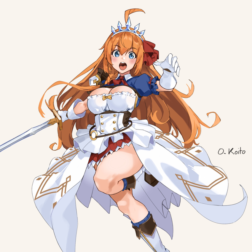 :o ahoge armor blue_eyes blue_socks blush boots bow braid breasts brown_footwear cleavage closed_eyes commentary female gloves hair_between_eyes highres holding holding_sword holding_weapon knee_up large_breasts long_hair looking_at_viewer o-ring oliver_koito open_mouth orange_bow orange_hair pauldrons pecorine_(princess_connect!) princess_connect! puffy_sleeves red_bow shoulder_armor simple_background single_pauldron socks solo standing standing_on_one_leg sword tiara very_long_hair weapon white_footwear white_gloves yellow_background yellow_bow