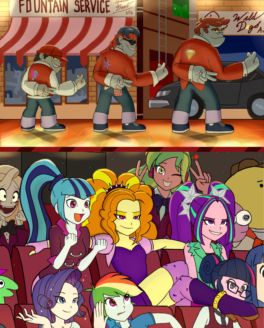 absurd_res adagio_dazzle_(eg) adult_swim aria_blaze_(eg) bullying canid cartoon_network charlie_dompler charlie_morningstar cheering crossover dancing diamond_dog_(mlp) equestria_girls female fido_(mlp) friendship_is_magic gesture glep_(smiling_friends) group hand_gesture hasbro hazbin_hotel hi_res humanoid lemon_zest_(eg) lemonscent male mammal mr._frog_(smiling_friends) my_little_pony pim_pimling pipimi pop_team_epic rainbow_dash_(eg) rarity_(eg) rover_(mlp) smiling_friends sonata_dusk_(eg) spot_(mlp) the_dazzlings_(eg) twilight_sparkle_(eg) v_sign