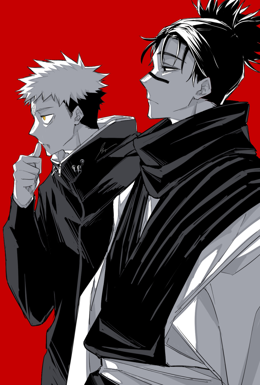 2boys choso_(jujutsu_kaisen) closed_mouth facial_tattoo greyscale_with_colored_background gusha_(orenji_hnkn) hand_up high_collar highres itadori_yuuji japanese_clothes jujutsu_kaisen kimono looking_away male_focus monochrome multiple_boys profile red_background scar scar_on_face scarf short_hair short_twintails simple_background spot_color tattoo twintails undercut upper_body yellow_eyes