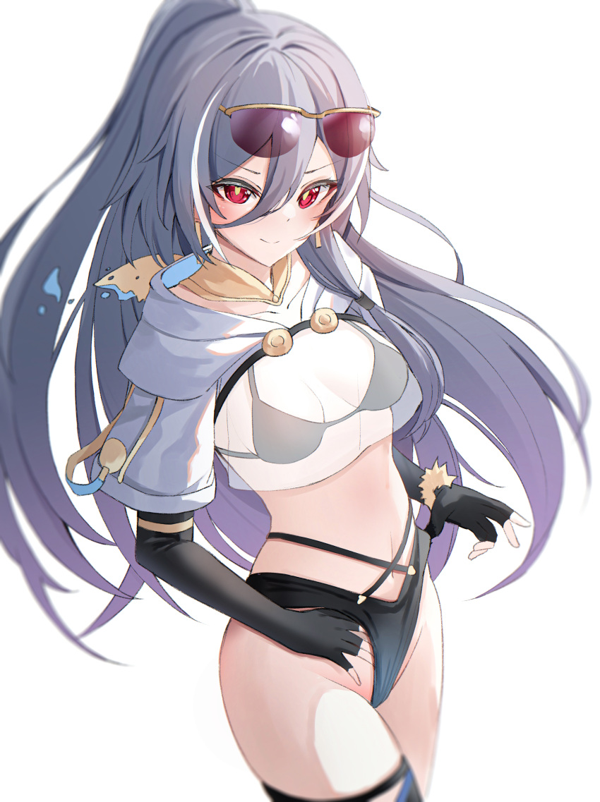 absurdres bad_id bad_pixiv_id bikini black_bikini breasts closed_mouth commentary cowboy_shot elbow_gloves eyewear_on_head female fingerless_gloves fu_hua fu_hua_(herrscher_of_sentience) gloves gr_greeze grey_hair hair_between_eyes high_ponytail highres honkai_(series) honkai_impact_3rd long_hair looking_at_viewer medium_breasts multicolored_hair red_eyes see-through short_sleeves simple_background smile solo streaked_hair sunglasses swimsuit white_background white_hair yellow_pupils