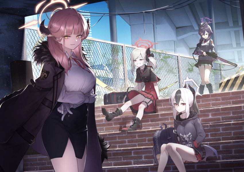 4girls aru_(blue_archive) blue_archive breasts fp6 gun h&k_p30 halo handgun haruka_(blue_archive) highres horns itaco kayoko_(blue_archive) large_breasts long_hair long_sleeves looking_at_viewer medium_breasts medium_hair multicolored_hair multiple_girls mutsuki_(blue_archive) pink_hair problem_solver_68_(blue_archive) purple_eyes shotgun side_ponytail sitting small_breasts smile two-tone_hair weapon white_hair yellow_eyes