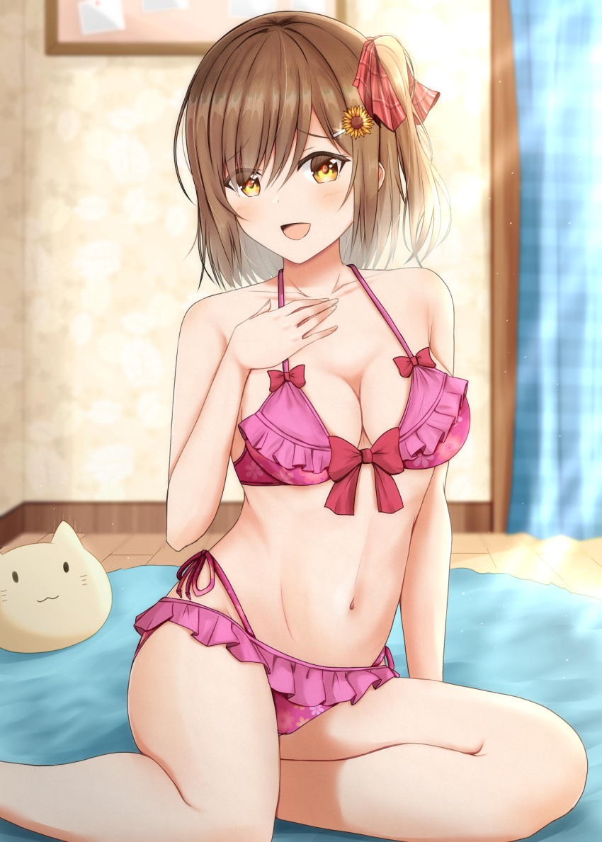 :d arm_support bare_arms bare_shoulders bikini blush bow bow_bikini breasts brown_hair bulletin_board checkered cleavage collarbone curtains female floral_print frilled_bikini frills hair_between_eyes hair_ornament hair_ribbon hairclip halterneck hand_on_own_chest highres indoors kamesys looking_at_viewer medium_breasts medium_hair navel open_mouth original pink_bikini pink_bow red_ribbon ribbon rug side-tie_bikini_bottom side_ponytail sitting smile solo stuffed_animal stuffed_toy sunlight swimsuit wooden_floor yellow_eyes yokozuwari