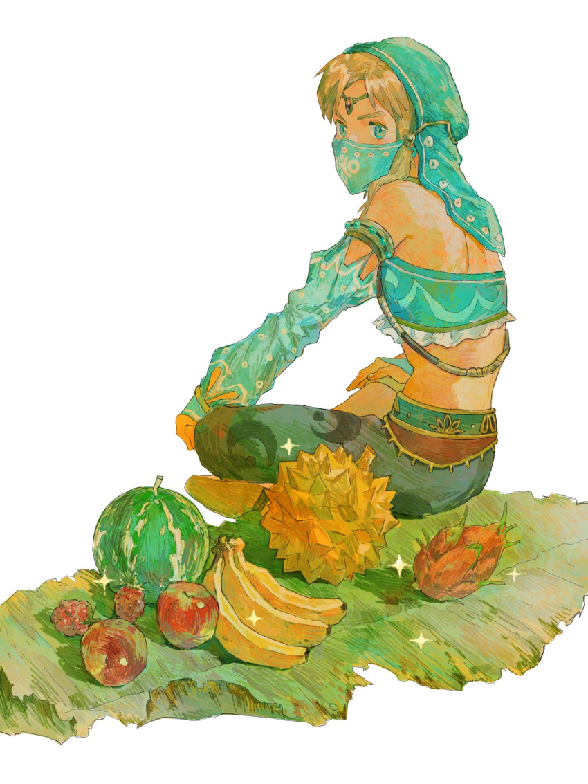 1boy analogous_colors apple arabian_clothes banana blonde_hair blue_eyes circlet commentary crossdressing crossed_legs detached_sleeves dragon_fruit durian food fruit gerudo_set_(zelda) harem_pants highres jewelry leaf lingcod_dayu link looking_at_viewer male_focus melon mouth_veil official_alternate_costume pants sitting solo sparkle symbol-only_commentary the_legend_of_zelda the_legend_of_zelda:_breath_of_the_wild veil