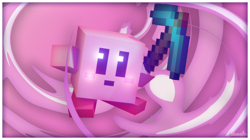 16:9 2020 3d_(artwork) abstract_background alien ambiguous_gender black_eyes border crossover diamond_(disambiguation) diamond_pickaxe digital_media_(artwork) feet hi_res kirby kirby_(series) microsoft minecraft mojang nicochr1 nintendo not_furry nude pickaxe pink_background pink_body pink_hands pink_skin pupils red_feet rosy_cheeks simple_background solo square square_eyes square_pupils standing super_smash_bros. super_smash_bros._ultimate unusual_eyes unusual_pupils waddling_head white_border widescreen xbox_game_studios